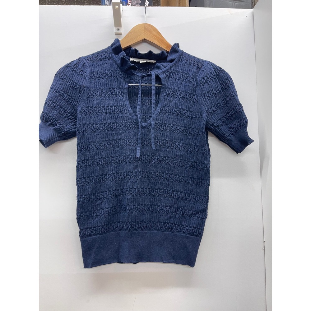 LOFT Navy Blue Ruffle Neck Keyhole Tie Pointelle Knit Short Sleeve Sweater XS